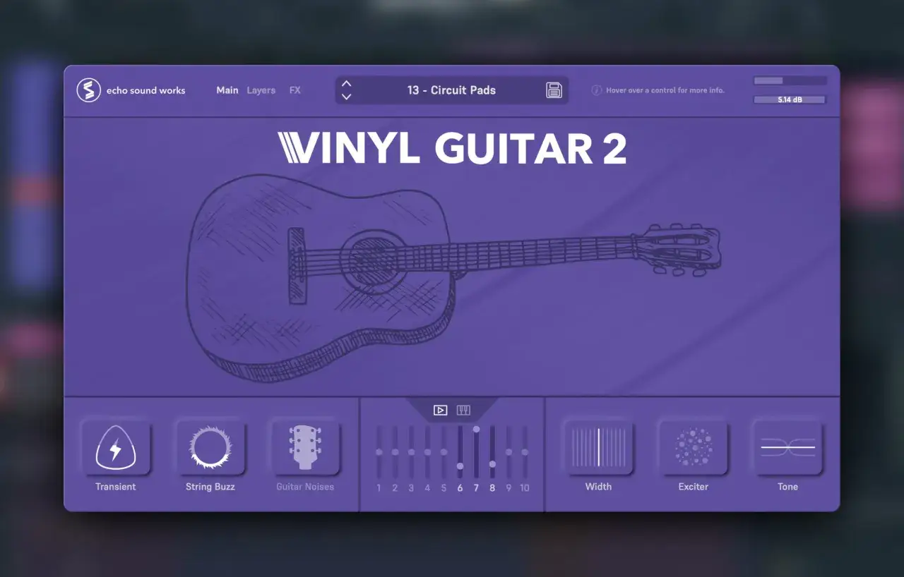 Vinyl Guitar 2, ein kostenloses Guitar VST, mit Skizze einer Akustikgitarre und Reglern f&uuml;r Klangformung.