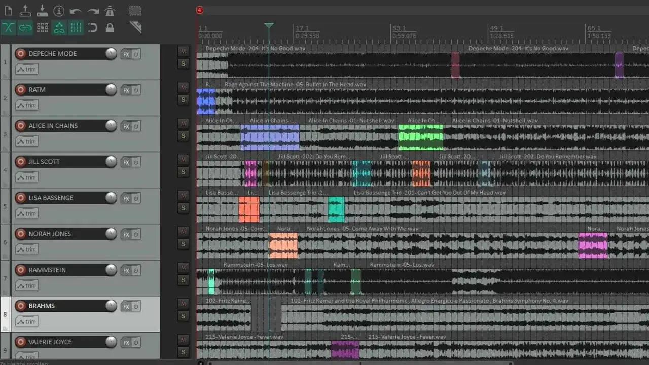 Mehrere Spuren in einem open source DAW: Depeche Mode, RATM, Alice in Chains, Jill Scott, Lisa Bassenge, Norah Jones, Rammstein, Brahms, Valerie Joyce.