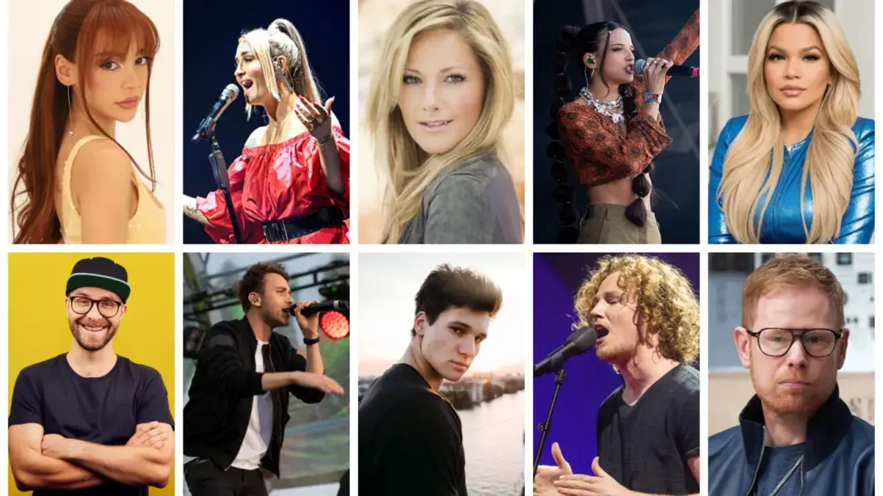 Collage zeigt bekannte deutsche Musikerinnen und Musiker. Von links oben: Shirin David, Lena, Helene Fischer, Juju, Sarah Connor. Unten: Mark Forster, Nico Santos, Wincent Weiss, Max Giesinger.