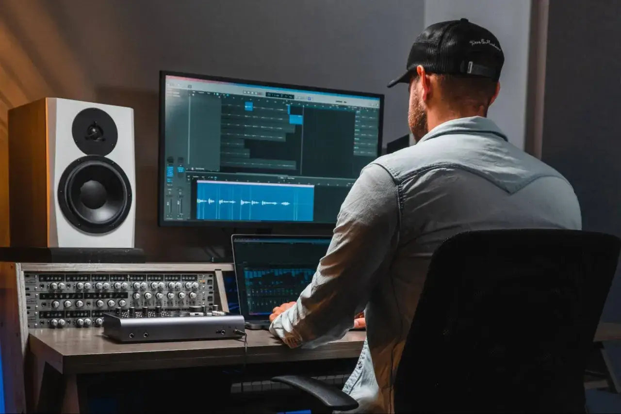 Mann im Tonstudio, der an einem Computer arbeitet. Er erstellt Musik, vielleicht mit einem Sample.