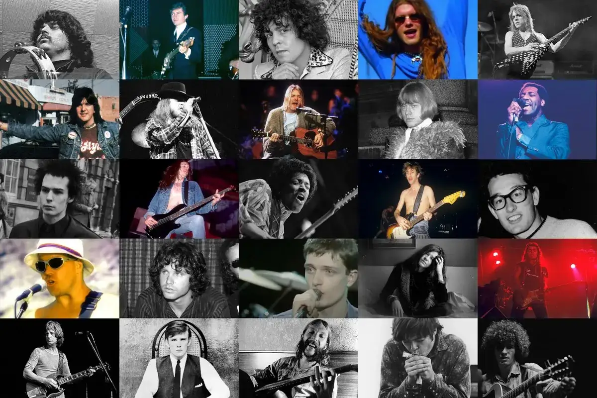 Collage mit verstorbenen Rockmusikern. Eine Liste legendärer Künstler, die die Musikwelt prägten.