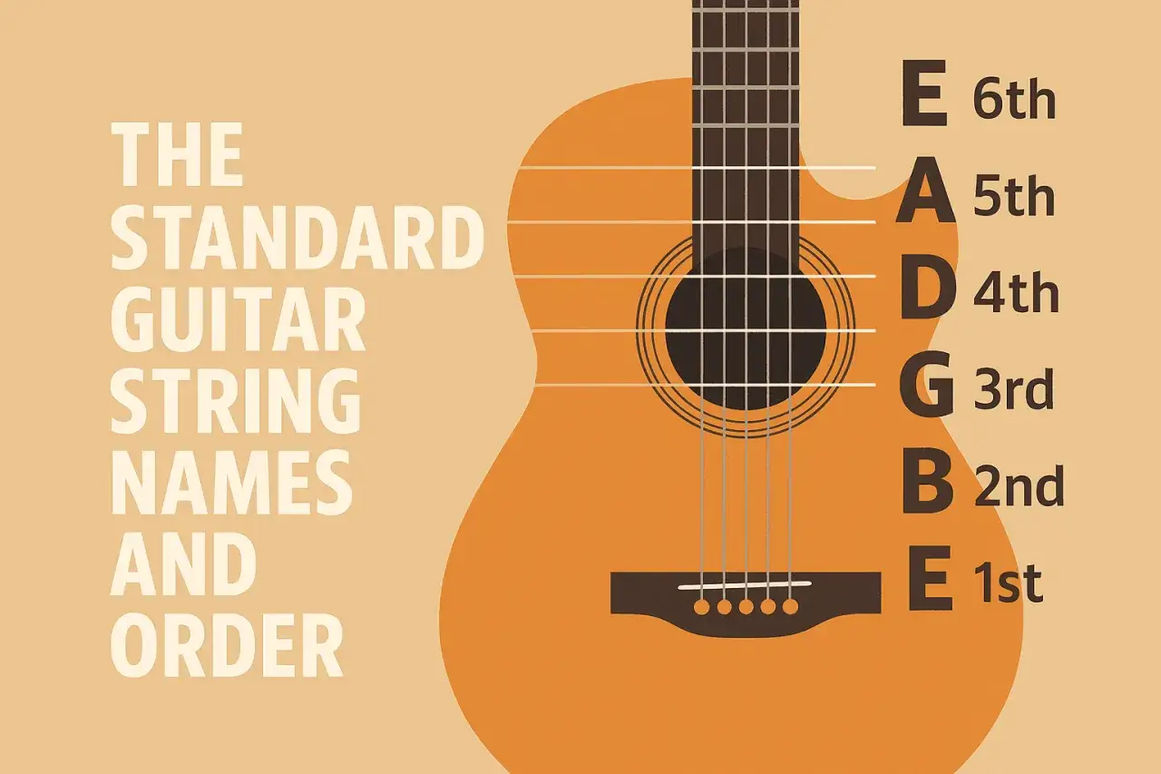 Gitarrenhals mit Noten: E, A, D, G, B, E. Die Standard-Gitarrensaiten-Reihenfolge f&uuml;r Anf&auml;nger.