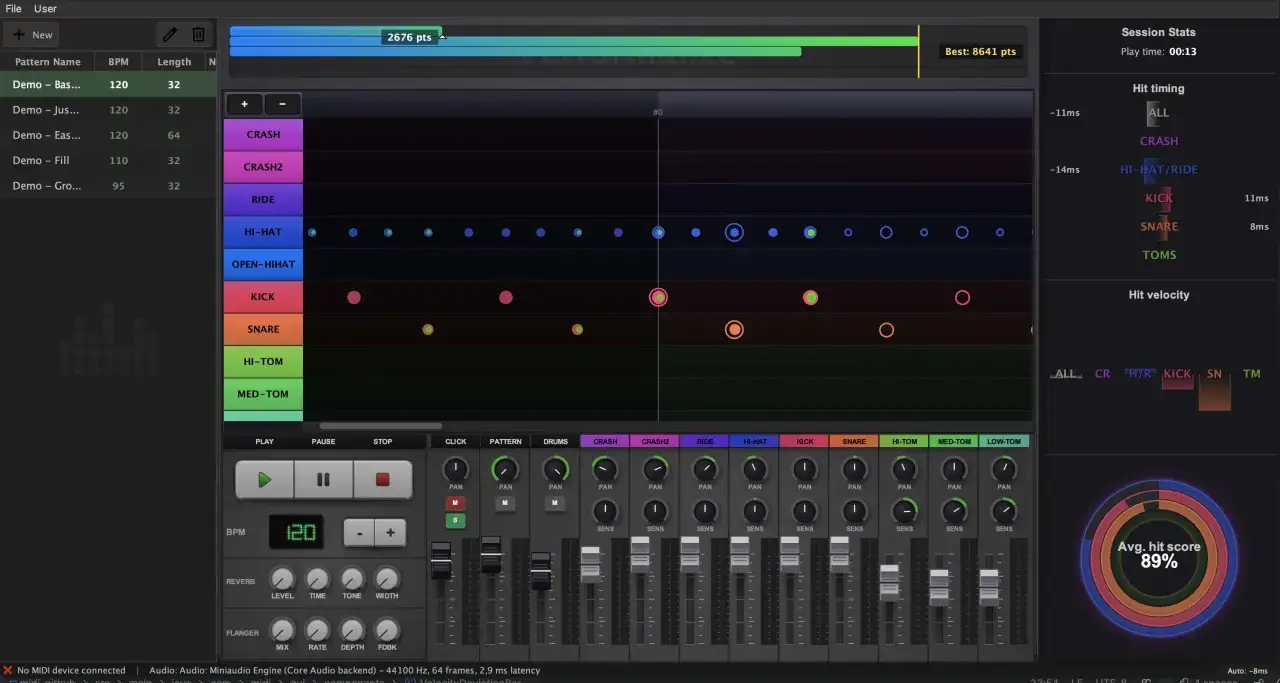 Sequenzer-Ansicht mit verschiedenen Drum-Samples wie Kick, Snare und Hi-Hat, die als Punkte auf einer Zeitachse dargestellt sind.