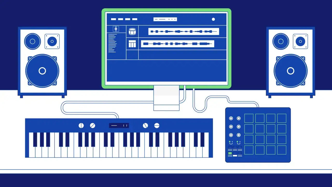 Musikstudio-Setup mit Lautsprechern, Keyboard, Pad und Computer-Bildschirm. Hier entsteht der beste DAW-Sound.