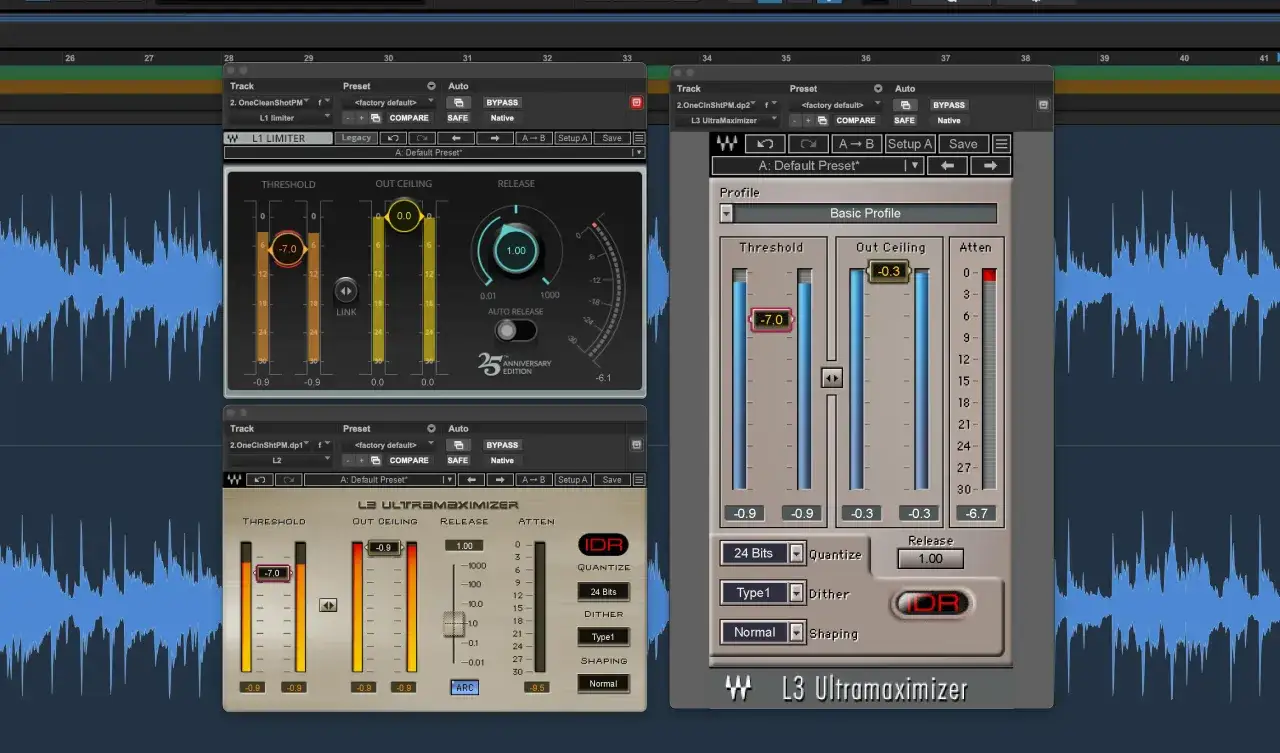 Zwei Audio-Plugins, L1 Limiter und L3 Ultramaximizer, sind ge&ouml;ffnet. Mastering-Plugin-Einstellungen sind sichtbar.