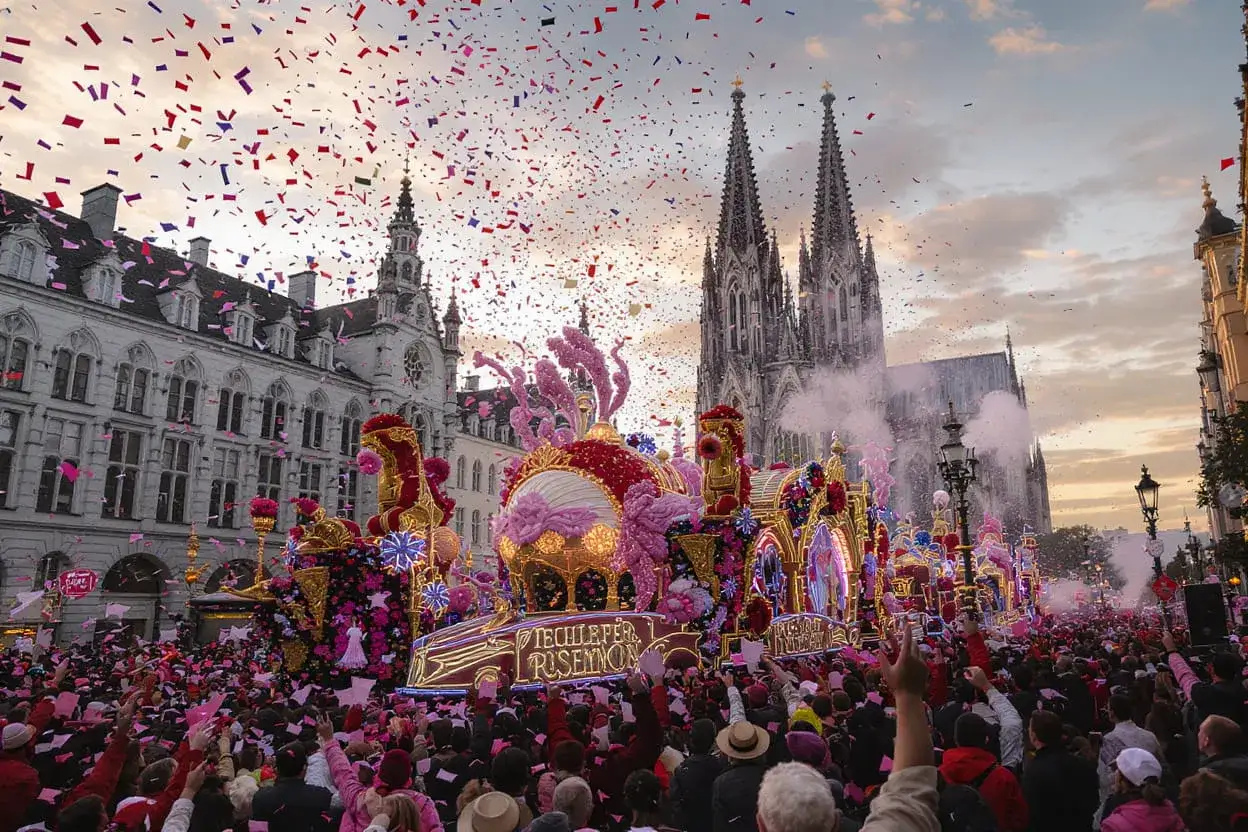 Bunte Konfetti regnet auf eine fröhliche Menge, die einen prunkvollen Karnevalswagen mit leuchtenden Lichtern und Blumen bewundert. Die Luft ist erfüllt von der Energie der Karnevalslieder und der Freude des Festes.