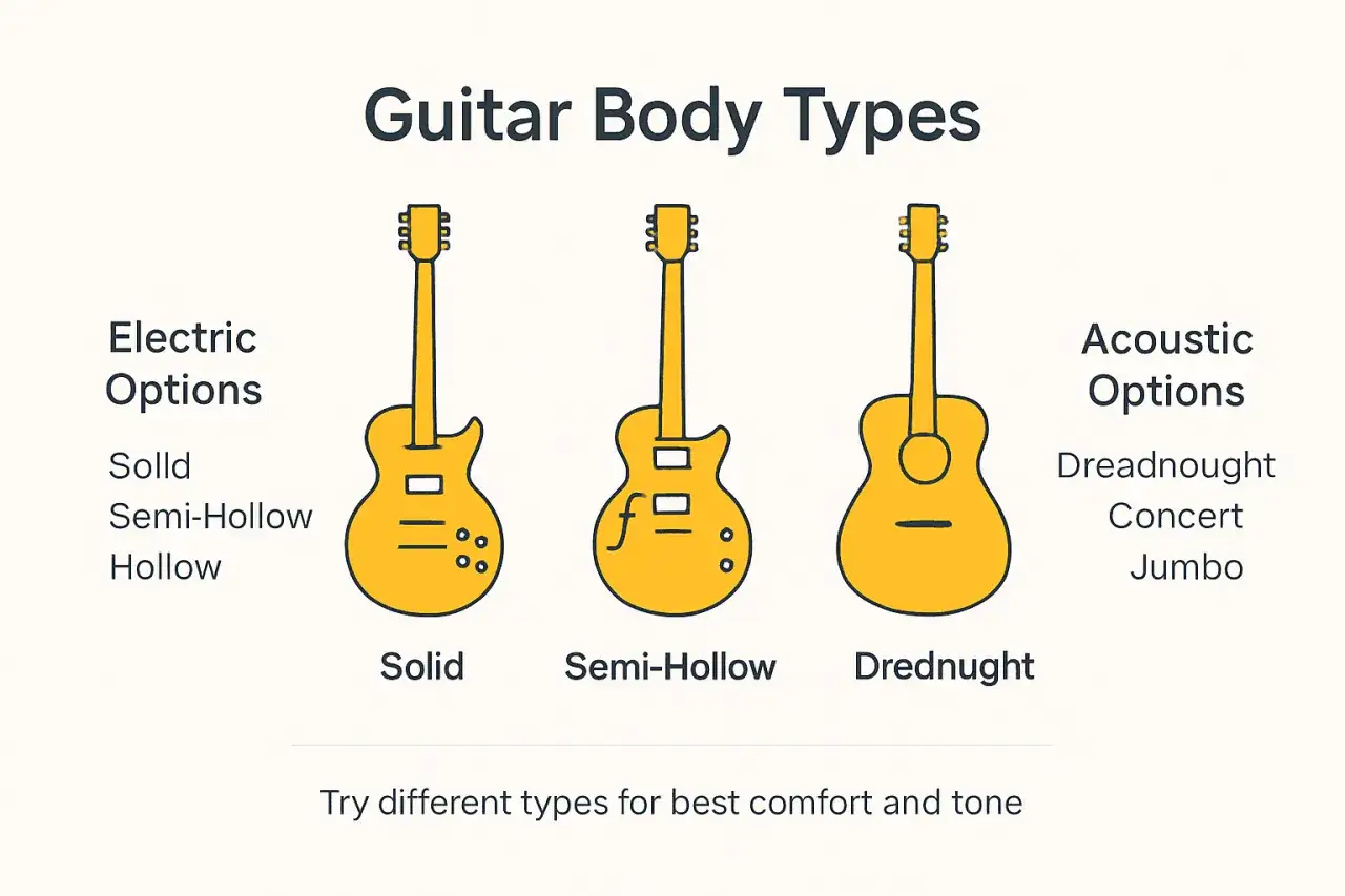 Vergleich von Gitarrenformen: Solid, Semi-Hollow und Dreadnought. Elektrische und akustische Optionen.