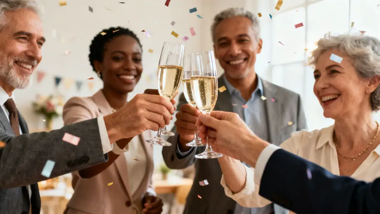 Feiernde Kollegen stoßen mit Sekt an, Konfetti fliegt. Perfekt für lustige Abschiedslieder zum Abschied eines Kollegen auf Deutsch.