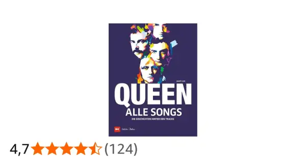 Buchcover mit farbenfrohen Porträts der **Gruppe Queen** und dem Titel "Queen: Alle Songs".
