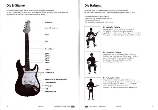 Mann spielt E-Gitarre im Stehen. Der Gitarrengurt ist wichtig, damit man alle Akkorde leicht greifen kann.