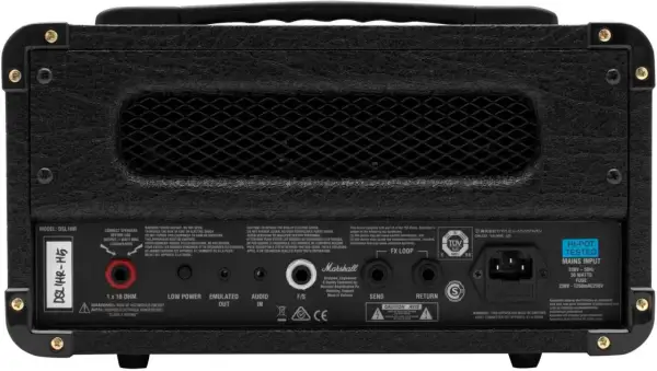 Rückseite des Marshall DSL 1 Verstärkers mit Anschlüssen wie FX Loop, Audio In und Mains Input.