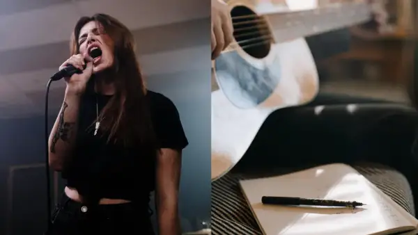 Eine Sängerin singt leidenschaftlich ins Mikrofon, während daneben eine Gitarre und ein Notizbuch liegen. Die Künstlerin ist eine Singer-Songwriterin.