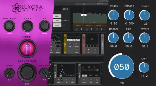 Luxora Audio und weitere kostenlose Vocal Plugins mit Reglern für Attack, Release, Phaser, Reverb und mehr.