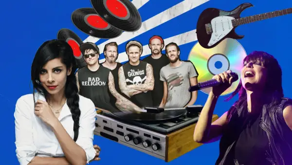Eine Frau singt ins Mikrofon, während eine Band und Schallplatten im Hintergrund zu sehen sind. Musik für alte deutsche Lieder.