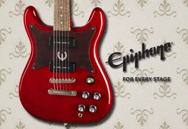Rote Epiphone Coronet E-Gitarre mit braunem Schlagbrett und dem Epiphone-Logo. Perfekt für jede Bühne.