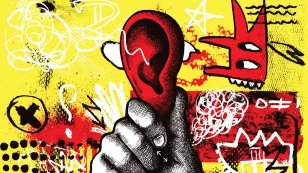 Eine Hand hält ein rotes Ohr, umgeben von chaotischen Kritzeleien und einem roten Monster. Ein Ohrwurm-Lied auf Deutsch, das im Kopf bleibt.