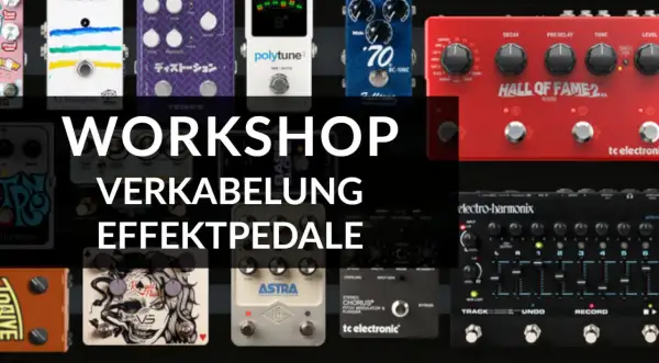 Workshop Verkabelung Effektpedale: Eine Auswahl verschiedener Gitarreneffektpedale, die für die richtige Pedalboard Reihenfolge arrangiert sind.