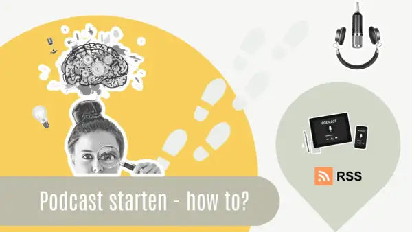 Ideen für deinen Podcast: Gehirn mit Zahnrädern, Glühbirne, Lupe und Mikrofon. So kannst du deinen Podcast selber machen.