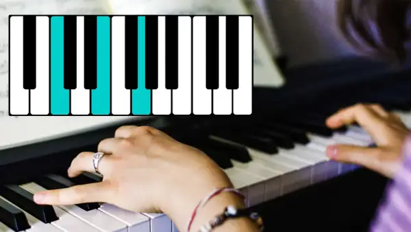 Hände spielen am Klavier einen Akkord. Die blauen Tasten zeigen die Noten für einen C-Dur-Akkord.