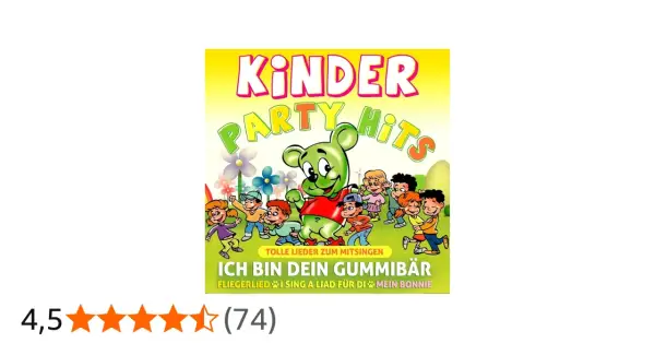 Kinder Party Hits mit lustigen Liedern zum Mitsingen, einem Gummibär und tanzenden Kindern.