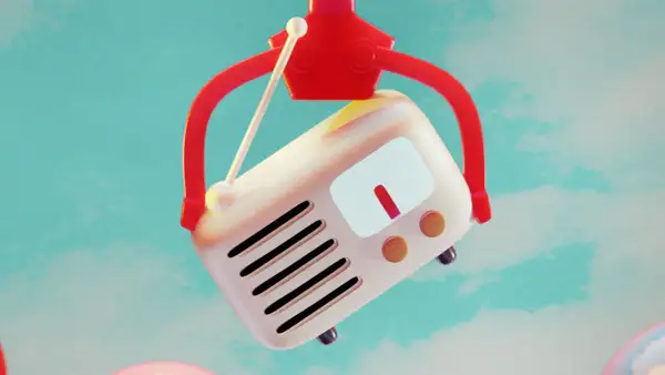 Ein roter Greifarm hebt ein Retro-Radio hoch. Vielleicht spielt es den meist gecoverten Song aller Zeiten.