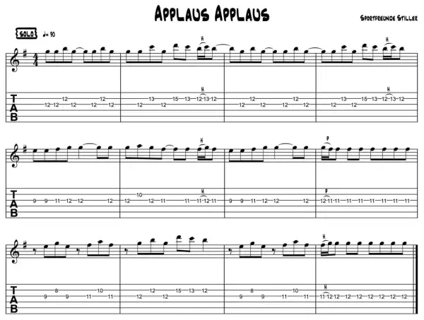 Notenblatt mit Gitarrentabulatur für das Lied "Applaus Applaus" von Sportfreunde Stiller. Perfekt, um ein Gitarrensolo lernen.