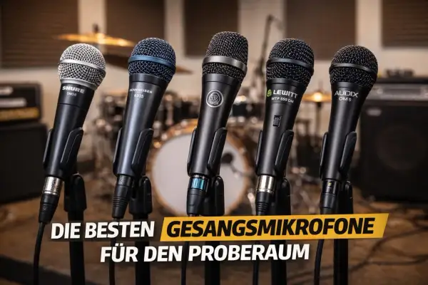 Fünf Mikrofone für den Gesang im Proberaum: Shure SM58, Sennheiser 6935, Lewitt MTP 550 DM, Audix OM 5. Ein Mikrofon-Test für beste Performance.