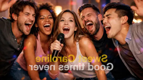 Fünf Freunde singen lautstark Karaoke in einer Bar. Sie haben sichtlich Spaß und lachen.