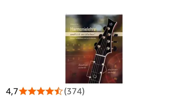 Buchcover "Harmonielehre" zeigt Gitarrenhals mit Markierungen für Ganzton- und Halbtonschritt.