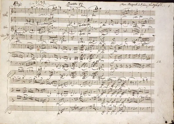 Notenblatt mit handschriftlicher Partitur von Mozart. Ein Blick auf die Entstehung von Mozart bekannte Werke, hier Quartetto VI.