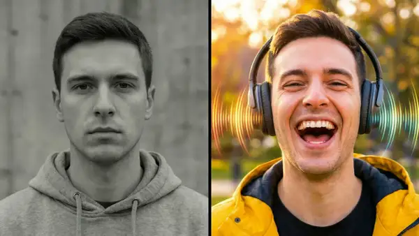 Ein Mann mit Kopfhörern, der lachend Musik hört, im Gegensatz zu seinem ernsten Gesicht links. Lustige Liedtexte zu bekannten Melodien machen den Unterschied.