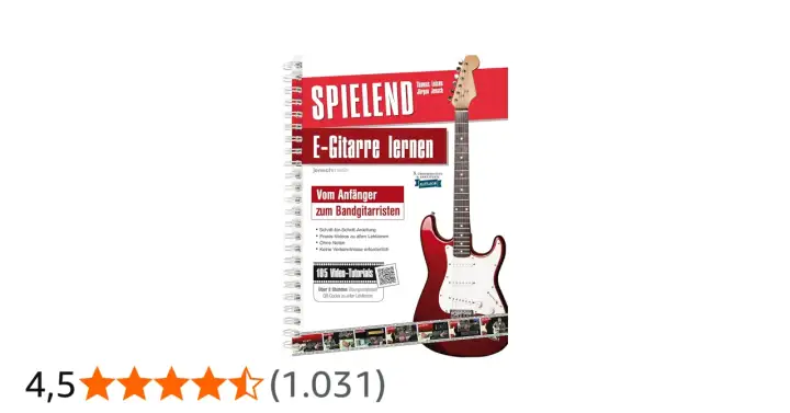 Buchcover: "Spielend E-Gitarre lernen" mit roter E-Gitarre. Ideal für Anfänger, die ohne Noten spielen wollen.